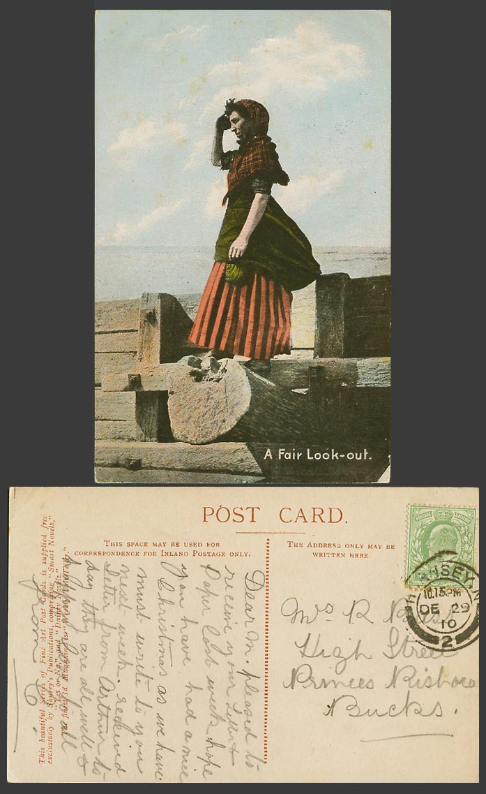 A Fair Look-Out England Beach Girl Woman Salute Hornsey 1910 Old Colour Postcard