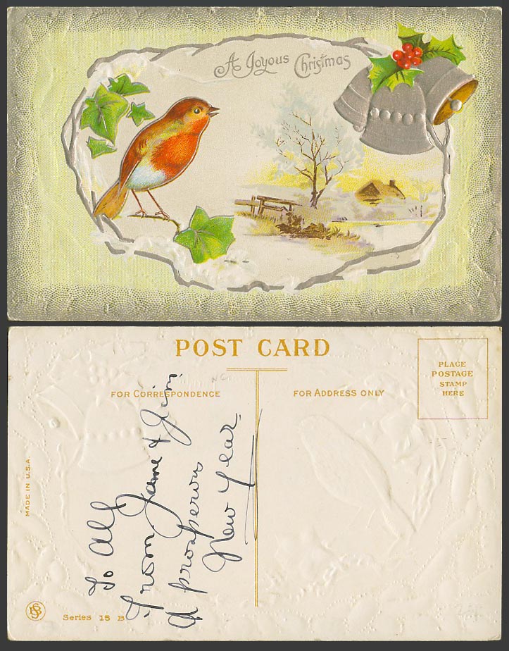 A Joyous Christmas Greetings, Robin Bird, Bells, Winter Snowy Scene Old Postcard
