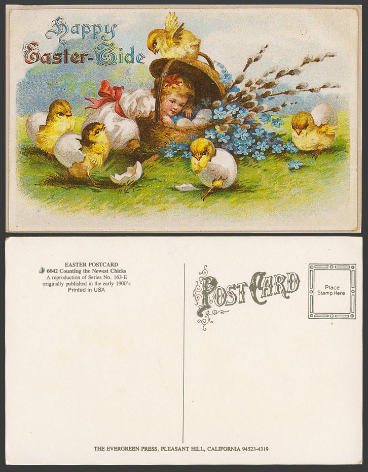 Happy Easter Tide Greetings Girl Eggs Basket Chicks Birds Repro. Colour Postcard