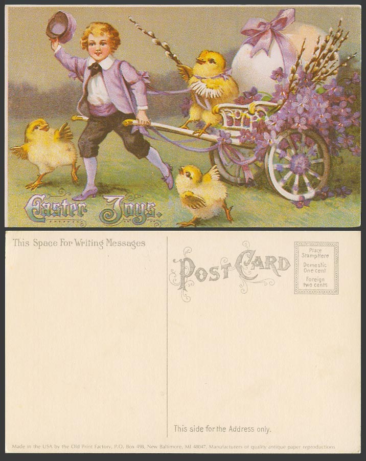 Easter Joys Greetings Egg and Flowers Cart Chicks Birds, Boy Old Colour Postcard