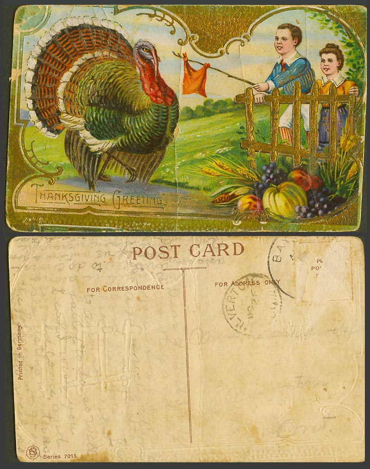 Turkey Bird, Thanksgiving Greeting Boy and Girl Artist Drawn Old Colour Postcard