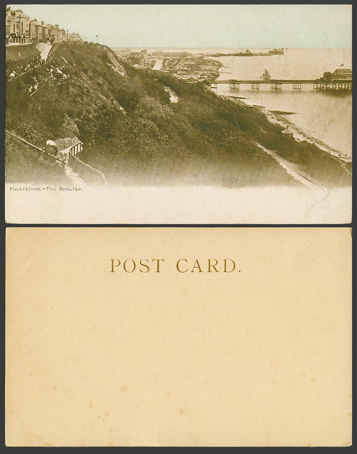 Folkestone Old Colour UB Postcard The Shelter, Pier Jetty Pavilion, Cliffs Beach
