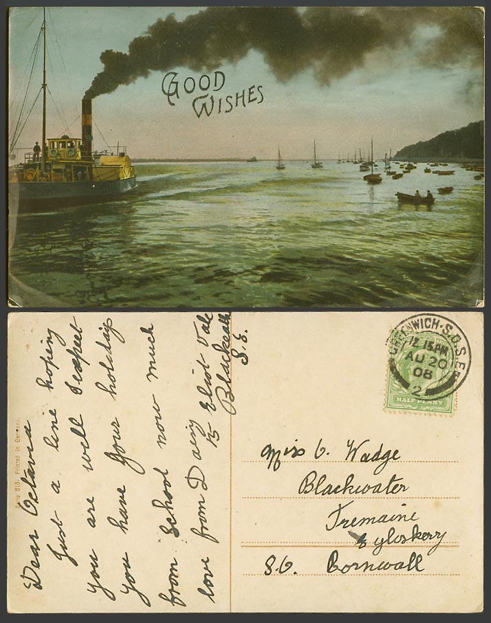 Good Wishes Greetings, Ferry Boat Ship Boats, Harbour 1908 Old Colour Postcard