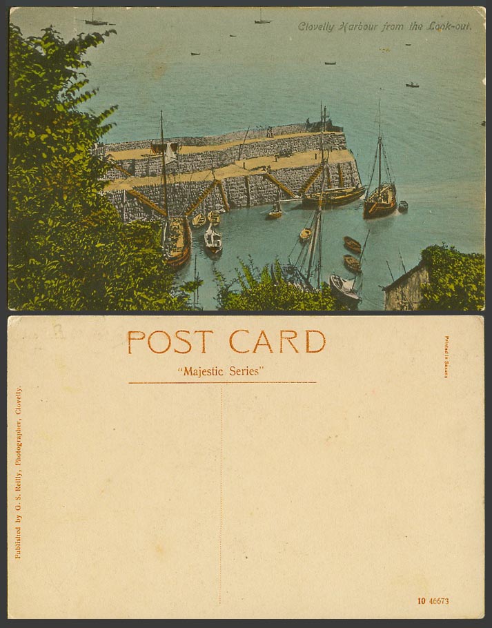 Clovelly Harbour from The Look-Out, Pier Jetty Harbour Boats, Devon Old Postcard