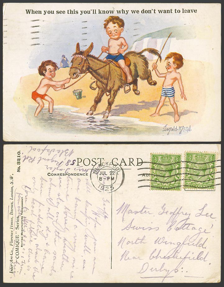 Donald McGill 1925 Old Postcard Wy We don't want to leave Beach Donkey Ride 3210