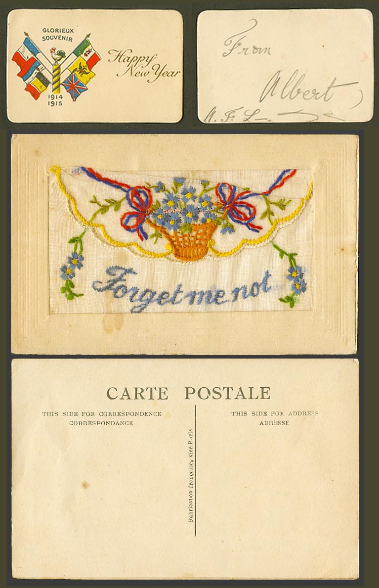WW1 SILK Embroidered Old Postcard Forget Me Not, Happy New Year 1914 1915 Wallet