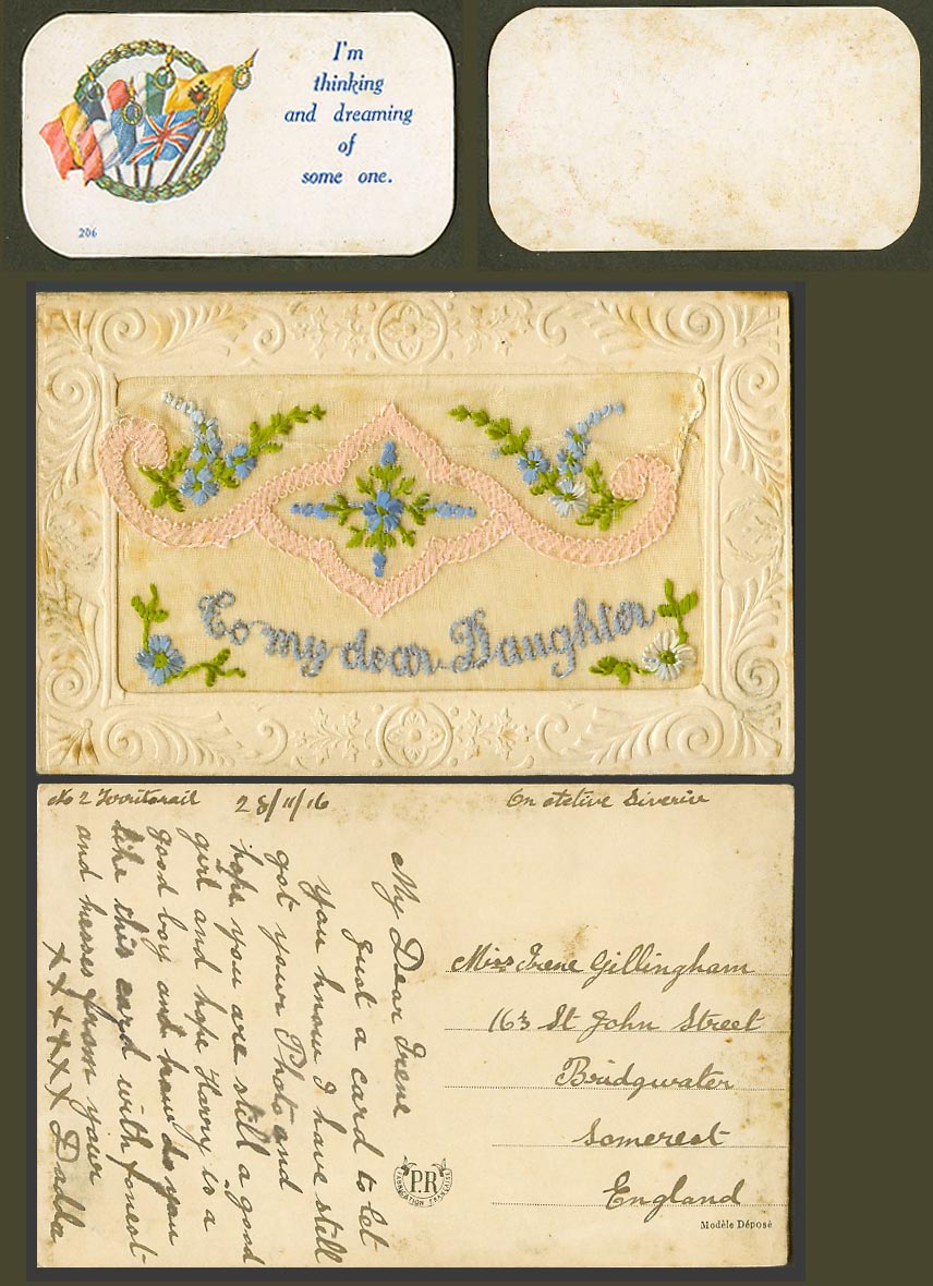 WW1 SILK Embroidered 1916 Old Postcard To My Dear Daughter, Dreaming of Some One