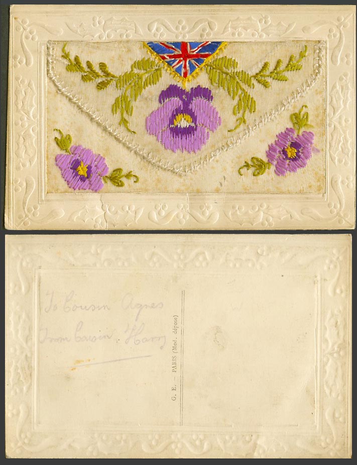 WW1 SILK Embroidered Old Postcard Flowers British Flag with Empty Wallet Novelty