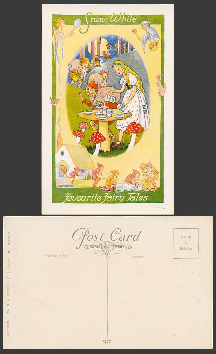 L.R. Steele Old Postcard Snow White & 7 Dwarves, Cottage, Favourite Fairy Tales