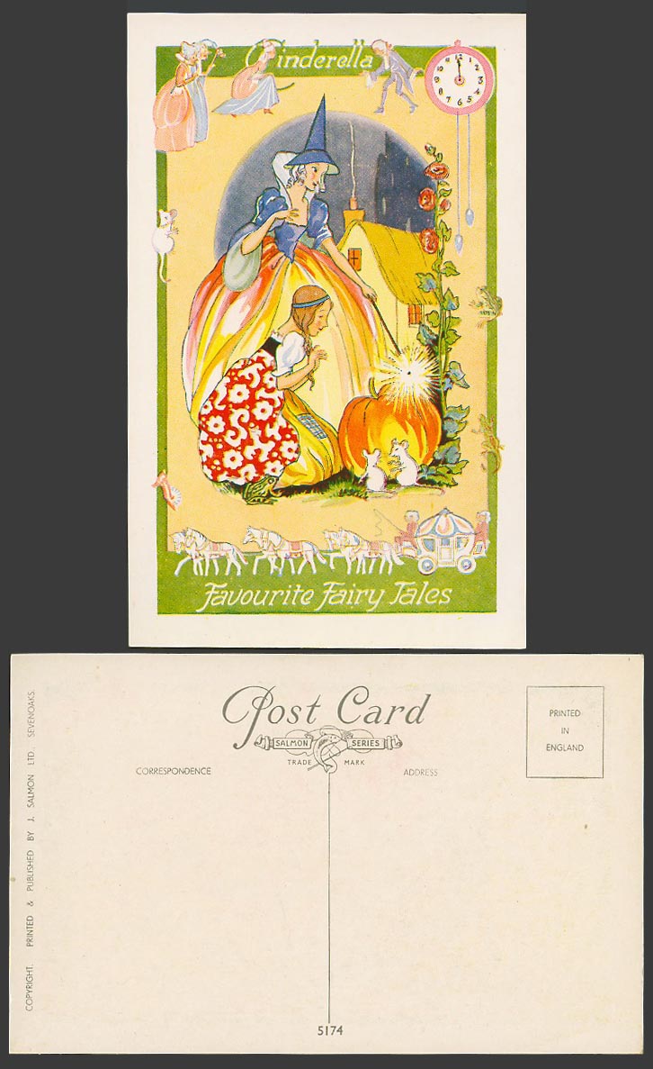 Cinderella, Pumpkin, Clock Horses Coach Mice, Favourite Fairy Tales Old Postcard