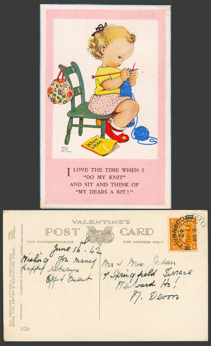 MABEL LUCIE ATTWELL 1942 Old Postcard Love The Time When Do My Knit Knitting 538