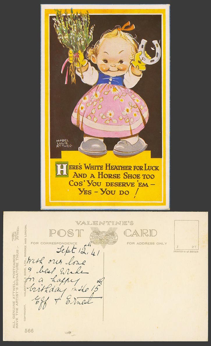 MABEL LUCIE ATTWELL 1941 Old Postcard You Deserve Heather for Luck Horseshoe 566