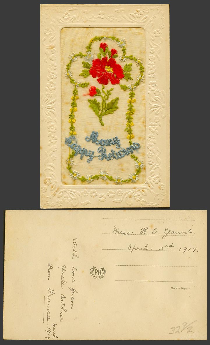 WW1 SILK Embroidered French 1917 Old Postcard Many Happy Returns Flowers Novelty