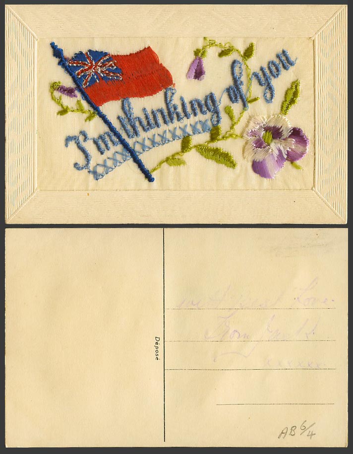 WW1 SILK Embroidered Old Postcard I'm Thinking of You Flag Pansy Flowers Novelty