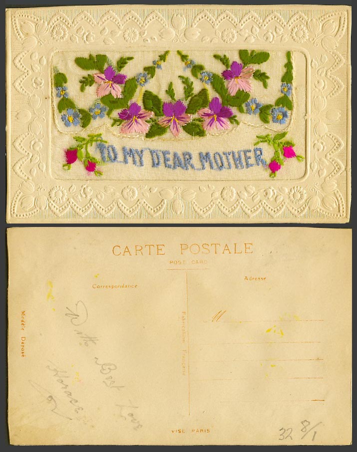 WW1 SILK Embroidered Old Postcard To My Dear Mother Flowers Empty Wallet Novelty