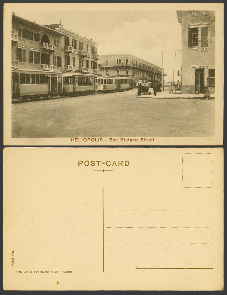 Egypt Old Postcard Heliopolis San Stefano Street Scene TRAM Tramway G. Brasserie