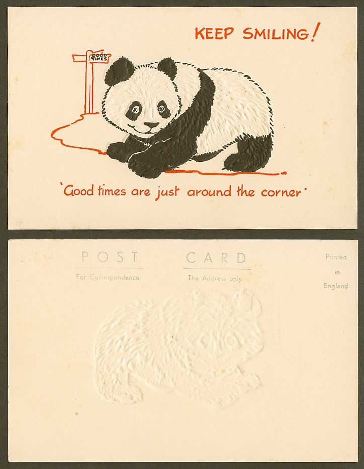 Chinese Giant Panda Keep Smiling Good Times Around Corner Road Sign Old Postcard