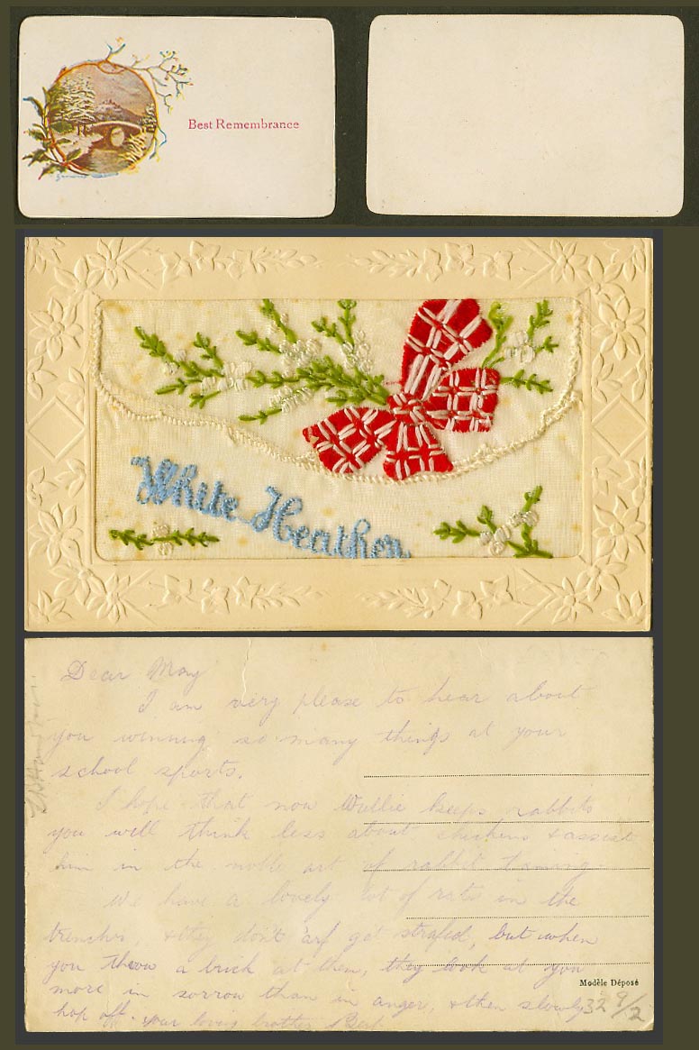 WW1 SILK Embroidered Old Postcard White Heather Flowers Best Remembrance, Wallet
