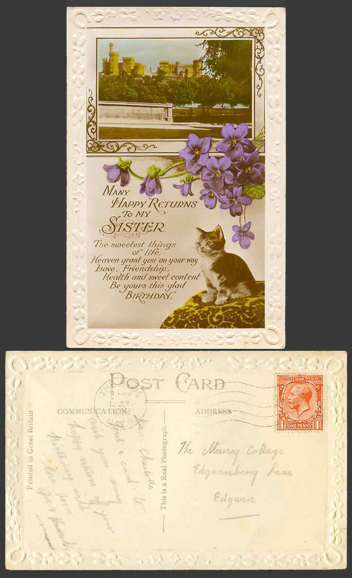 Cat Kitten 1932 Old R.P. Postcard Many Happy Returns to My Sister Castle Flowers
