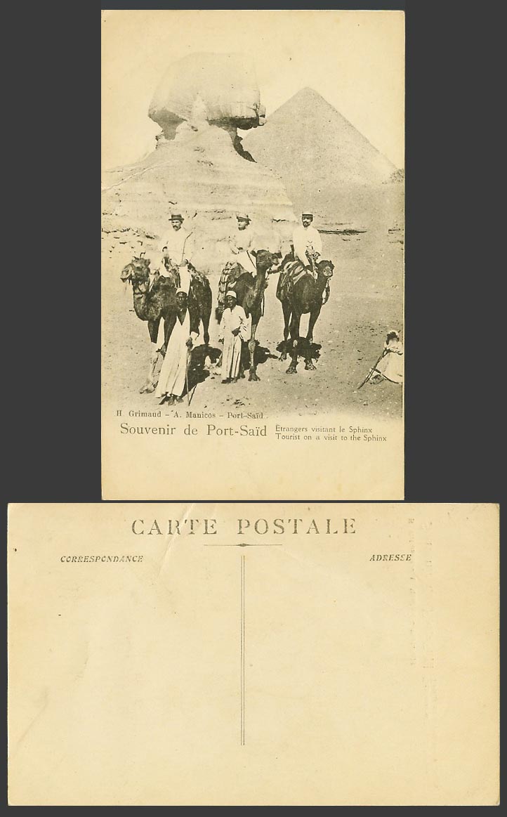 Egypt Old Postcard Souvenir de Port Said, Tourist Visit to Sphinx Pyramid Camels