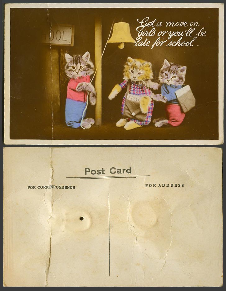 Cat Kittens Late for School Bell Squeaking Squeaky Squeaker Novelty Old Postcard