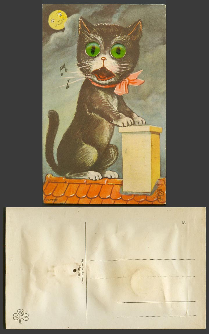 Cat Kitten, Squeaking Squeaky Squeaker Glass Eyes Full Moon Novelty Old Postcard