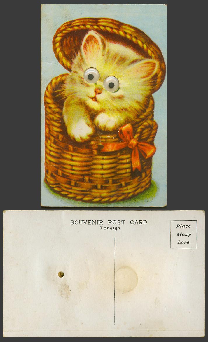 Cat Kitten, Basket, Squeaking Squeaky Squeaker Rolling Eyes Novelty Old Postcard