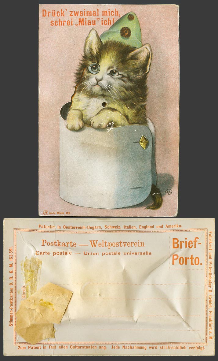 Cat Monocle Drueck zweimal mich schrei Miauich Squeaker not working Old Postcard