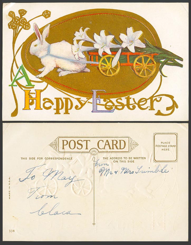 Rabbit Bunny Cart with Lily Flowers Happy Easter Greetings Old Embossed Postcard