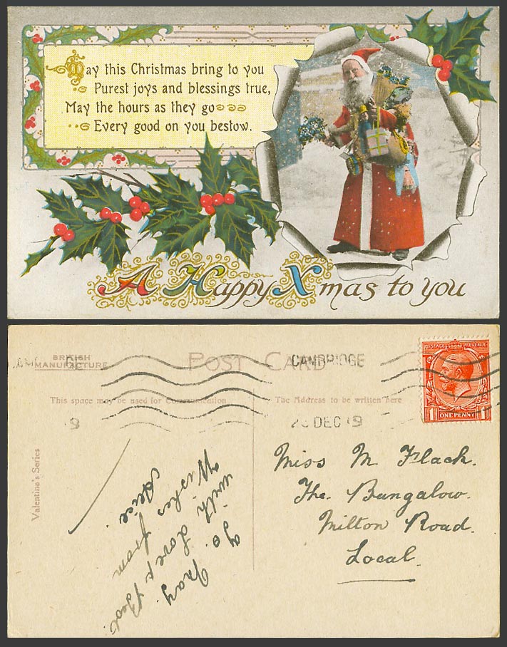 Santa Claus Father Christmas 1919 Old Postcard A Happy Xmas to You Present Holly