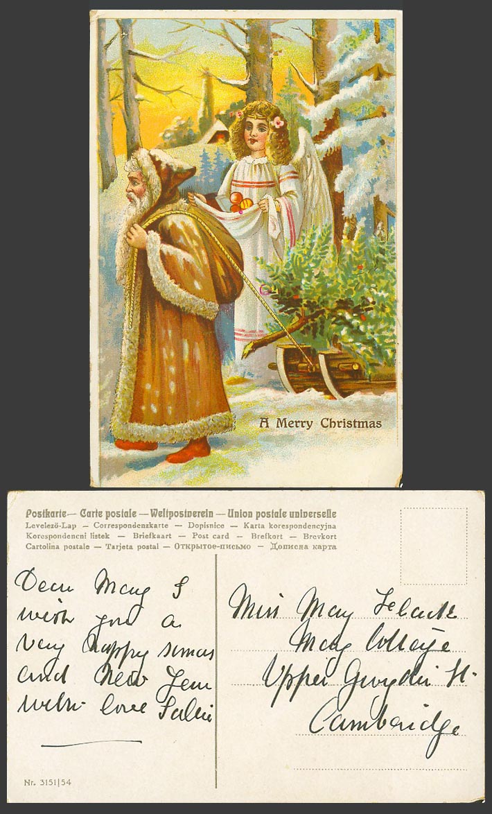 Santa Claus Father Christmas Xmas Tree Sled Angel Old Postcard A Merry Christmas