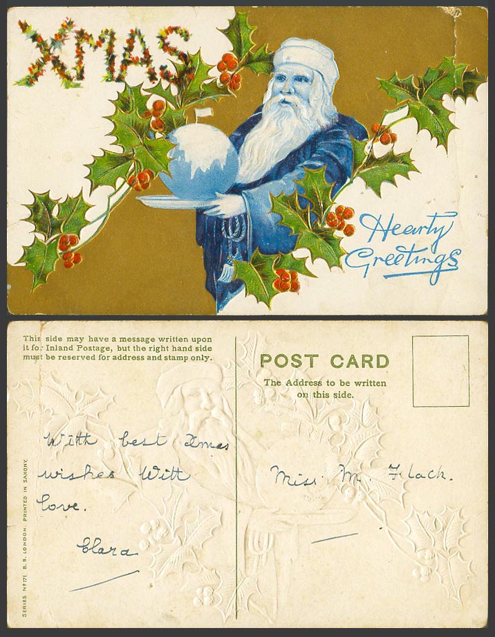 Santa Claus, Father Christmas Pudding, Xmas Hearty Greetings, Holly Old Postcard