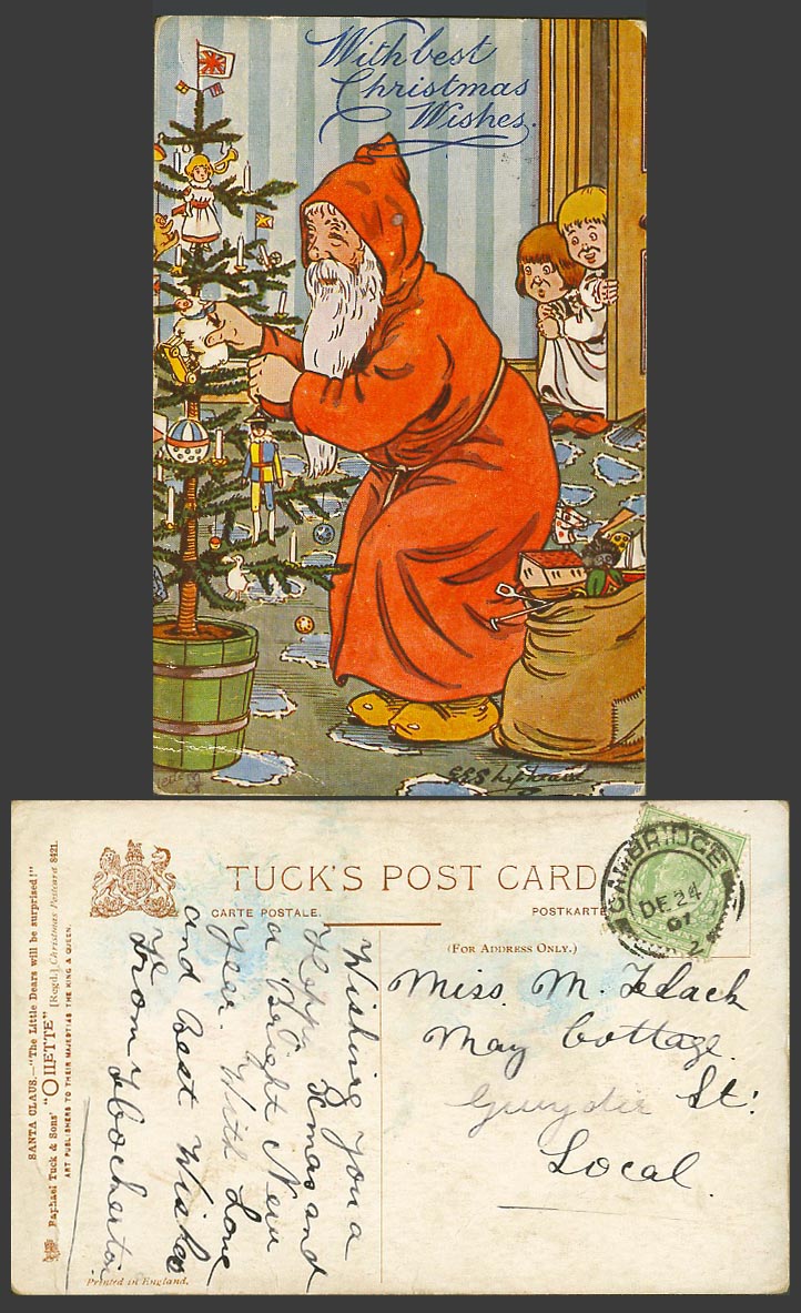 SANTA CLAUS Father Christmas Tuck's Oilette 1907 Old Postcard w Best Xmas Wishes