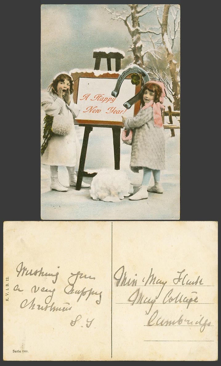 Little Girls Horseshoe Easel Snow Snowy A Happy New Year Greetings Old Postcard