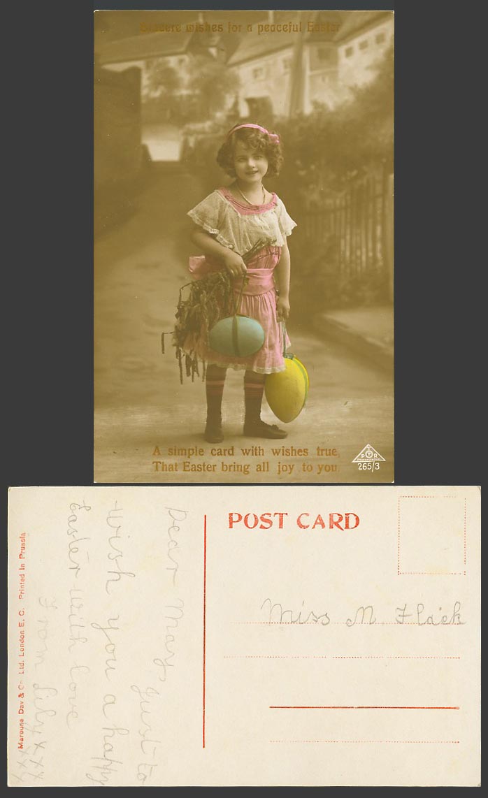 Little Girl Large Eggs, Sincere Wishes for a Peaceful Easter Old Colour Postcard