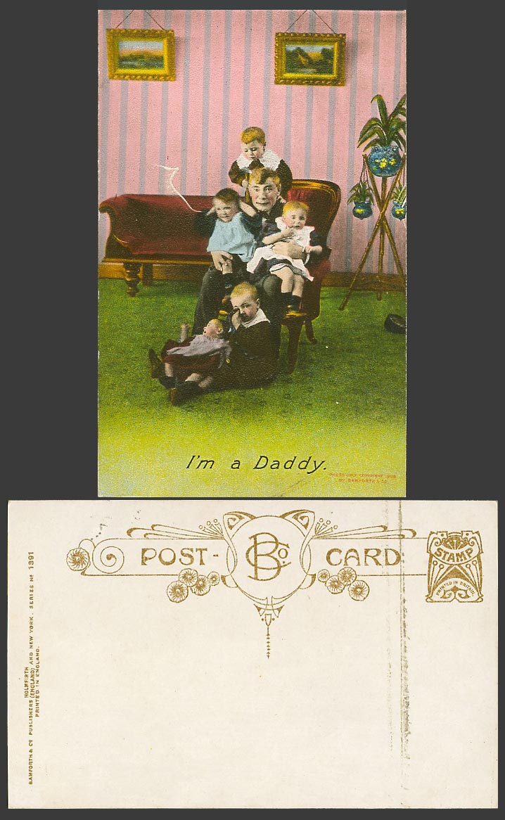 I'm a Daddy, Man with Children, Little Boys, Baby Old Colour Postcard Bamforth's