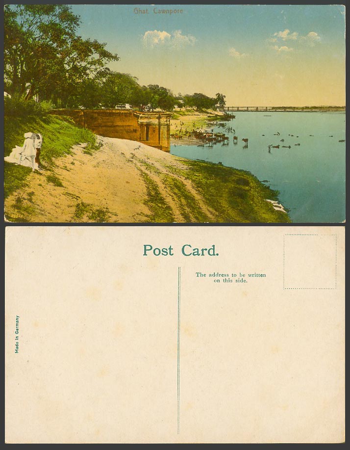 India Old Colour Postcard Ghat Cawnpore, Bridge, Cattle Animals, Dhobi Washerman