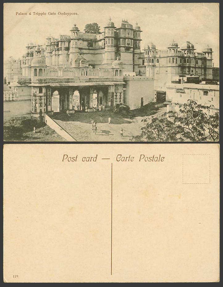 India Old Postcard Palace and Triple Tripple Gate Oodeypore Vydepore an Elephant
