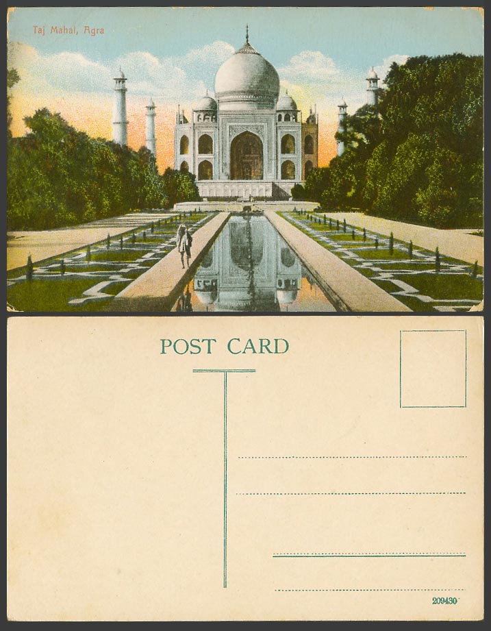 India Old Colour Postcard Taj Mahal Agra, Fountain Gardens Towers Man No. 209430