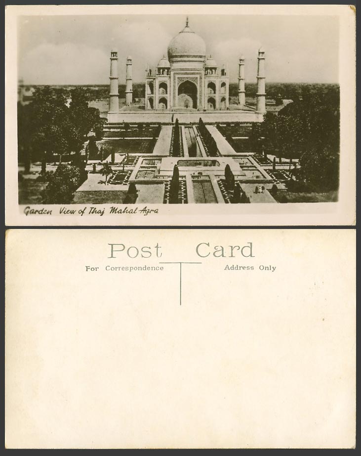 India Old Real Photo Postcard Garden View of Thaj Mahal TAJ MAHAL Agra Fountain