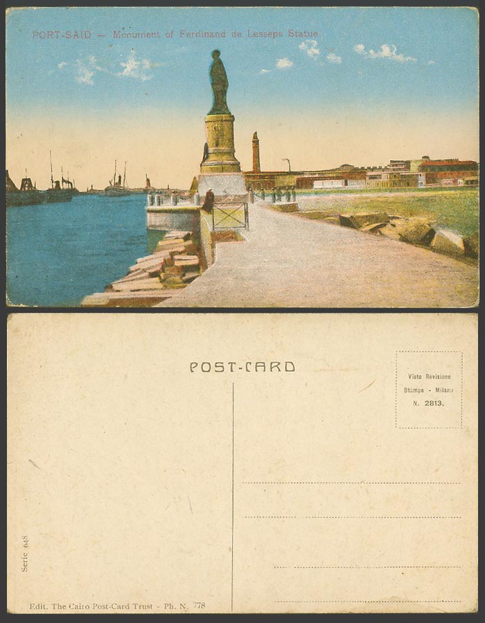 Egypt Old Colour Postcard Port Said Monument of Ferdinand de Lesseps, Lighthouse