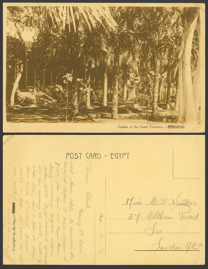 Egypt 1917 Old Postcard ISMAILIA Garden of The Canal Company Monument Palm Trees