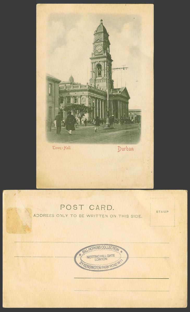South Africa Natal Old UB Postcard Durban Town Hall Clock Tower and Street Scene