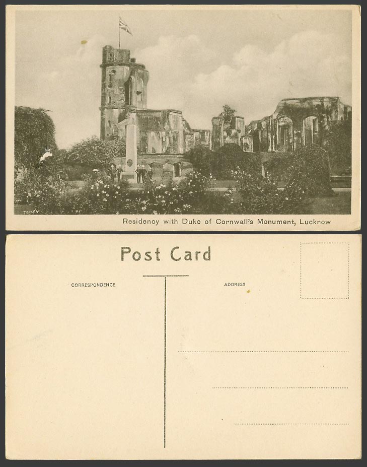 India Old Postcard Residency with Duke of Cornwall's Monument Lucknow Brit. Flag