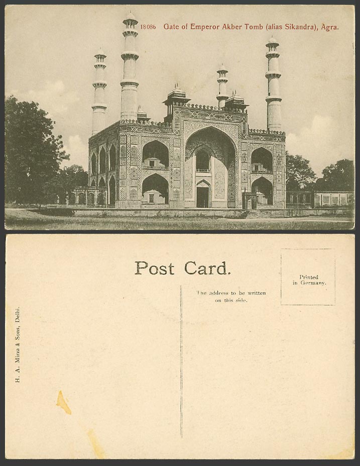 India Old Postcard Gate of Emperor Akber Tomb Alias Sikandra Agra Towers N.18086