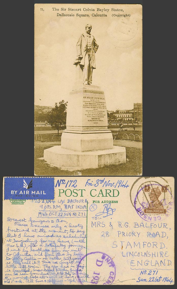 India 1944 Old Postcard S Steuart Colvin Bayley Statue Dalhousie Square Calcutta