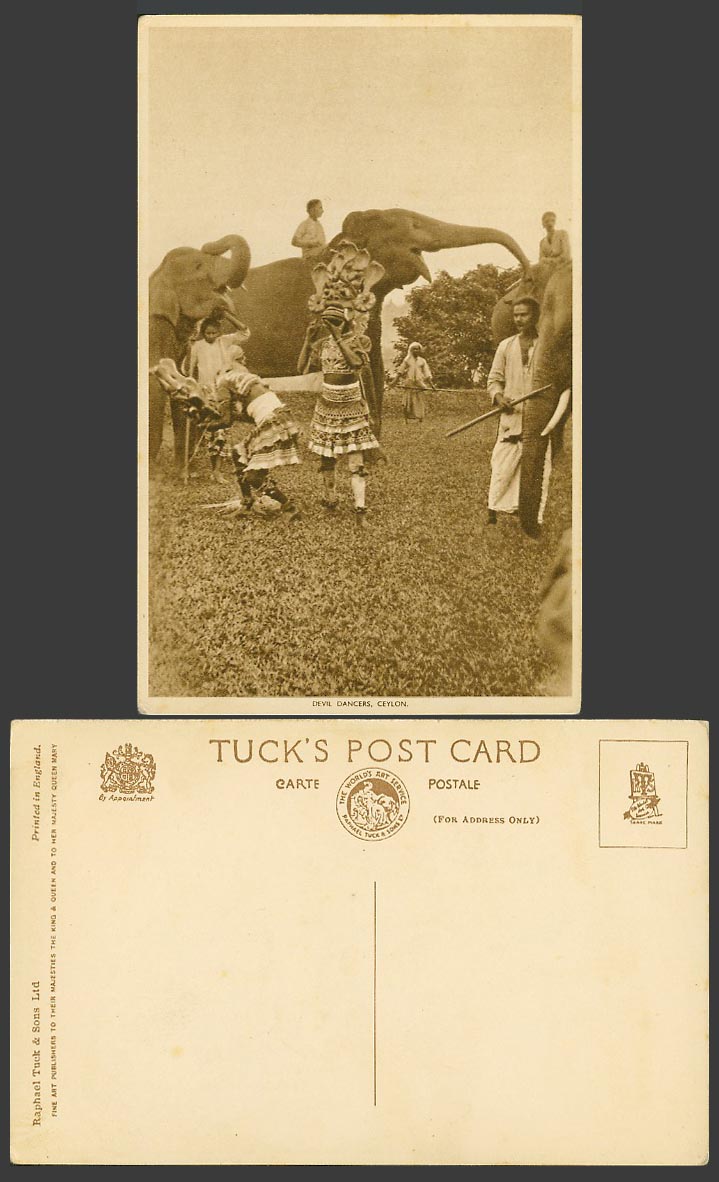 Ceylon Old Tuck's Postcard DEVIL DANCERS Devil's Mask, Elephants Elephant Riders