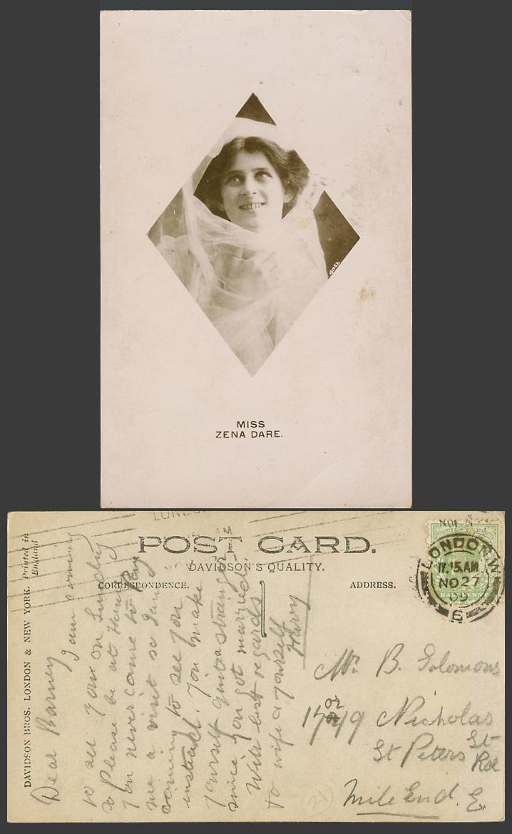 Actress Miss ZENA DARE Glamour Woman 1909 Old Real Photo Postcard Davidson Bros.
