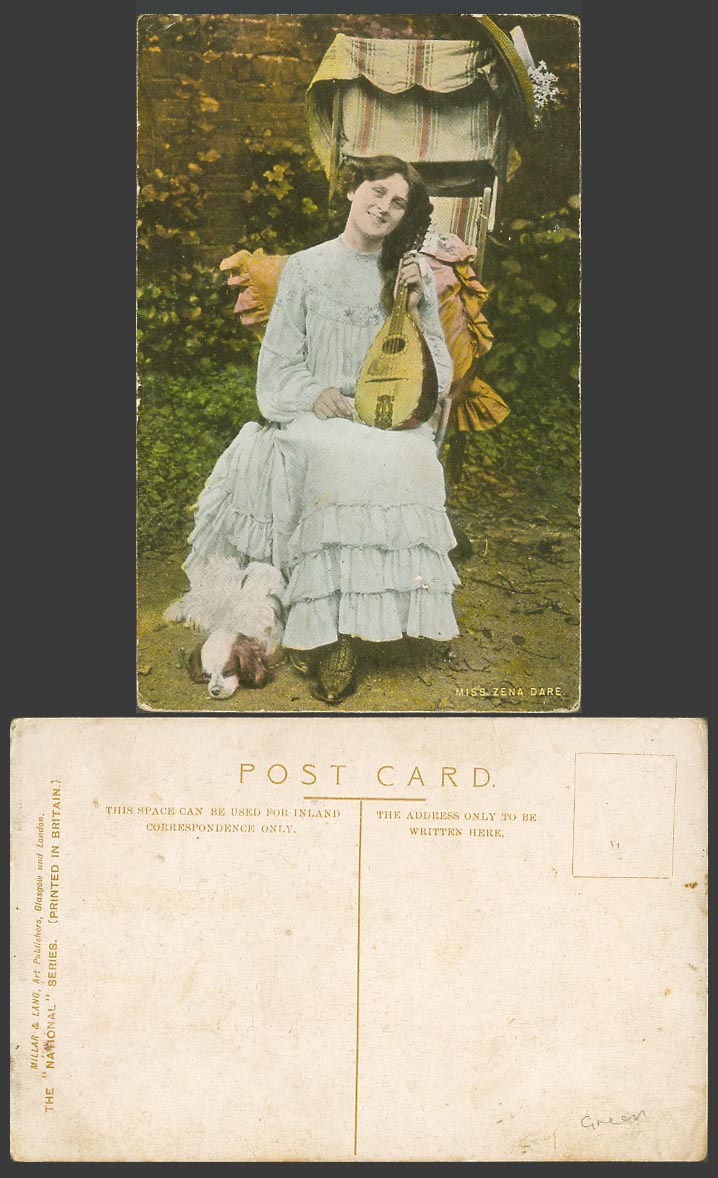 Actress Miss ZENA DARE Cavalier King Charles Spaniel Dog & Mandolin Old Postcard