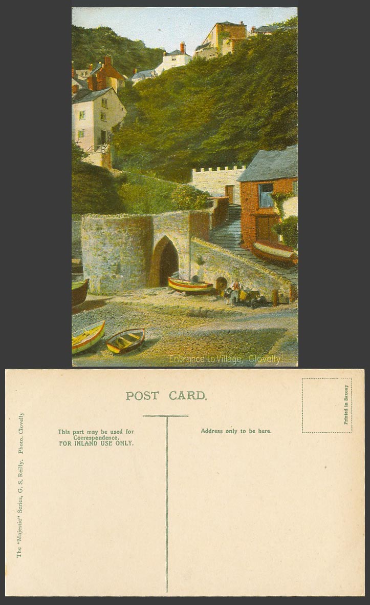 Clovelly Old Colour Postcard Entrance to Village Harbour Boats Steps Gate, Devon